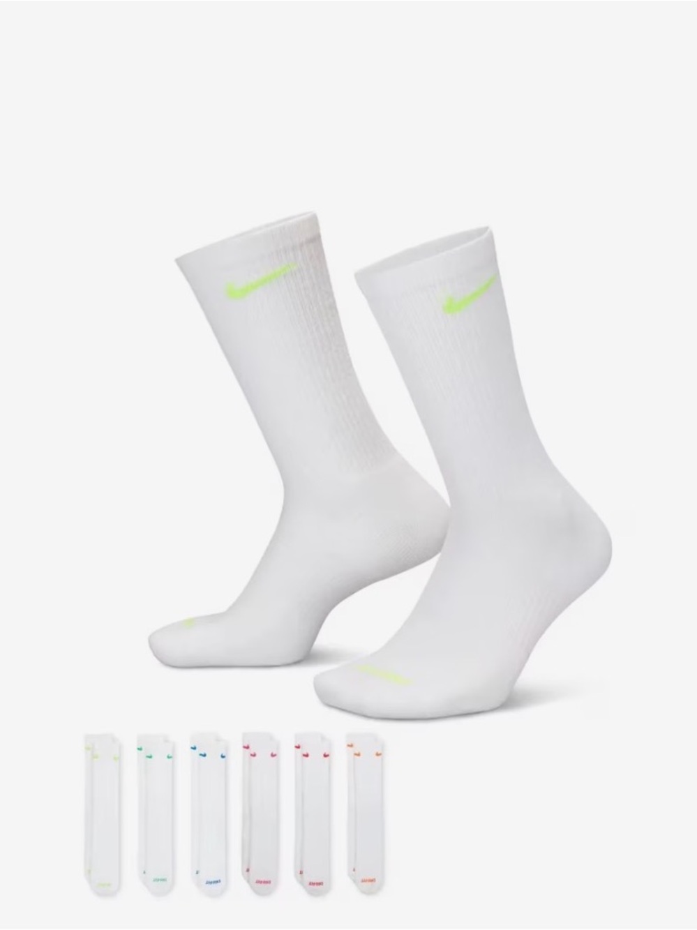 Nike White Athletic Crew Socks with Neon Green Swoosh